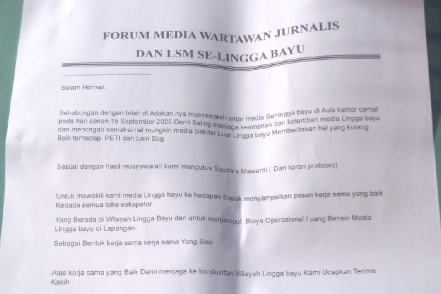 Viral Beredar Surat Usulan Kerjasama dari Sejumlah Oknum Wartawan dan LSM Lingga Bayu Kepada Toke Tambang Emas Ilegal